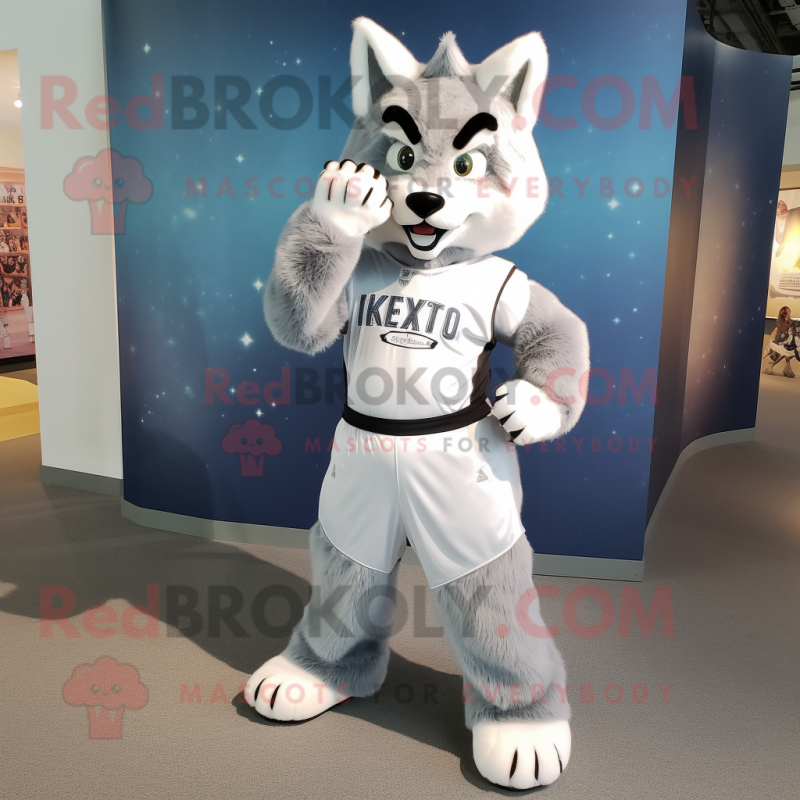 Silver Lynx mascot costume character dressed with a Shorts and Cummerbunds Silver Lynx mascot costume character dressed with a Shorts and Cummerbunds