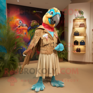 Tan Macaw mascot costume character dressed with a Mini Dress and Coin purses