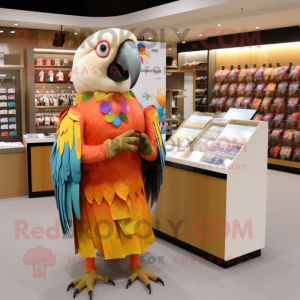 Tan Macaw mascot costume character dressed with a Mini Dress and Coin purses