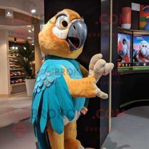 Tan Macaw mascot costume character dressed with a Mini Dress and Coin purses