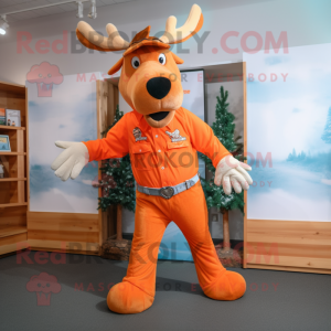 Orange Moose mascot costume character dressed with a Mom Jeans and Suspenders