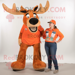Orange Moose mascot costume character dressed with a Mom Jeans and Suspenders