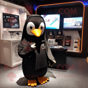 Black Penguin mascot costume character dressed with a Hoodie and Keychains