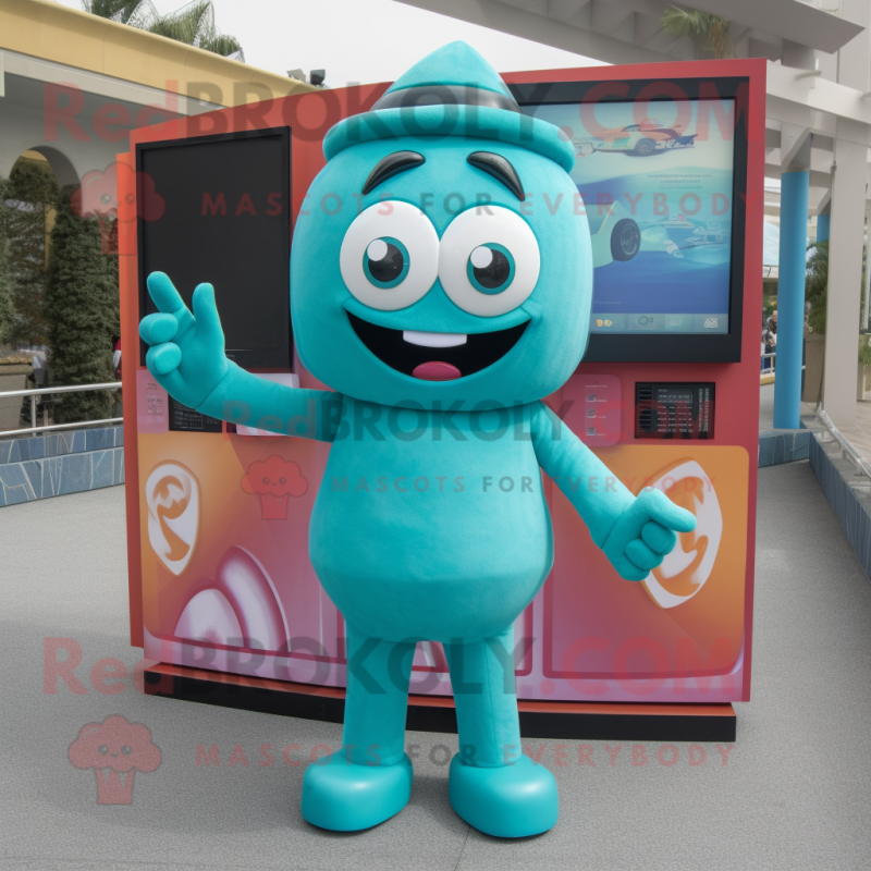 Teal Television mascot costume character dressed with a One-Piece Swimsuit and Gloves