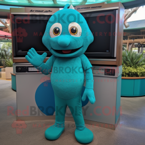 Teal Television mascot costume character dressed with a One-Piece Swimsuit and Gloves