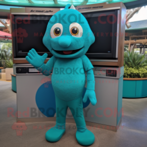 Teal Television mascot costume character dressed with a One-Piece Swimsuit and Gloves