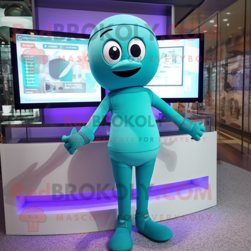 Teal Television mascot costume character dressed with a One-Piece Swimsuit and Gloves