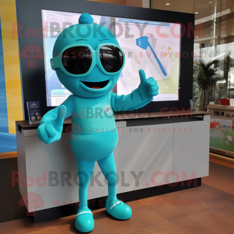 Teal Television mascot costume character dressed with a One-Piece Swimsuit and Gloves