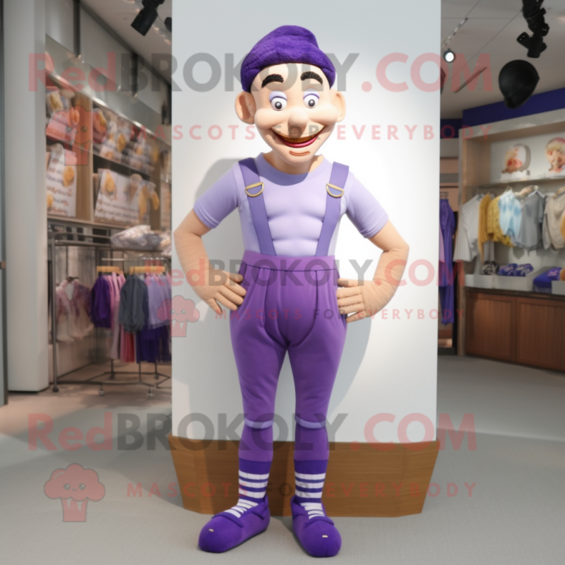 Lavender Acrobat mascot costume character dressed with a Shorts and Suspenders