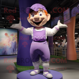 Lavender Acrobat mascot costume character dressed with a Shorts and Suspenders