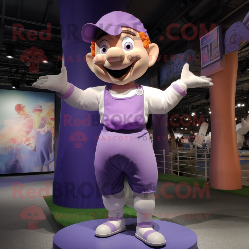 Lavender Acrobat mascot costume character dressed with a Shorts and Suspenders Lavender Acrobat mascot costume character dressed with a Shorts and Suspenders