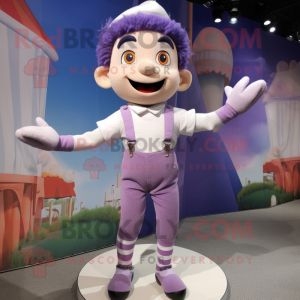 Lavender Acrobat mascot costume character dressed with a Shorts and Suspenders