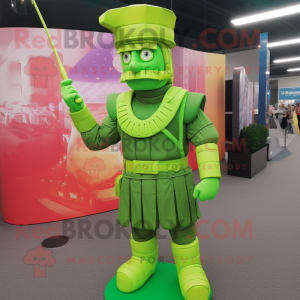 Lime Green Roman Soldier mascot costume character dressed with a Flare Jeans and Hair clips