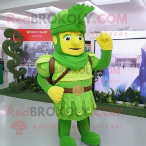 Lime Green Roman Soldier mascot costume character dressed with a Flare Jeans and Hair clips