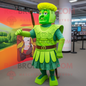 Lime Green Roman Soldier mascot costume character dressed with a Flare Jeans and Hair clips