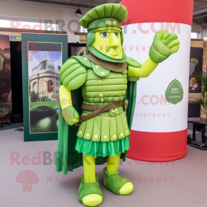 Lime Green Roman Soldier mascot costume character dressed with a Flare Jeans and Hair clips