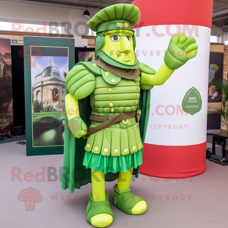 Lime Green Roman Soldier mascot costume character dressed with a Flare Jeans and Hair clips Lime Green Roman Soldier mascot costume character dressed with a Flare Jeans and Hair clips
