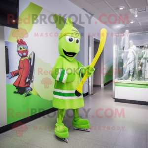 Lime Green Ice Hockey Stick mascot costume character dressed with a Wrap Dress and Beanies