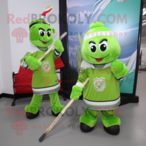 Lime Green Ice Hockey Stick mascot costume character dressed with a Wrap Dress and Beanies