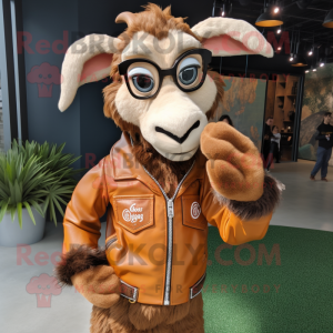 Tan Goat mascot costume character dressed with a Leather Jacket and Reading glasses