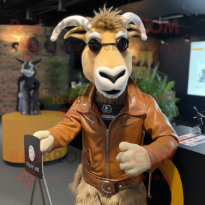 Tan Goat mascot costume character dressed with a Leather Jacket and Reading glasses