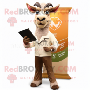 Tan Goat mascot costume character dressed with a Leather Jacket and Reading glasses