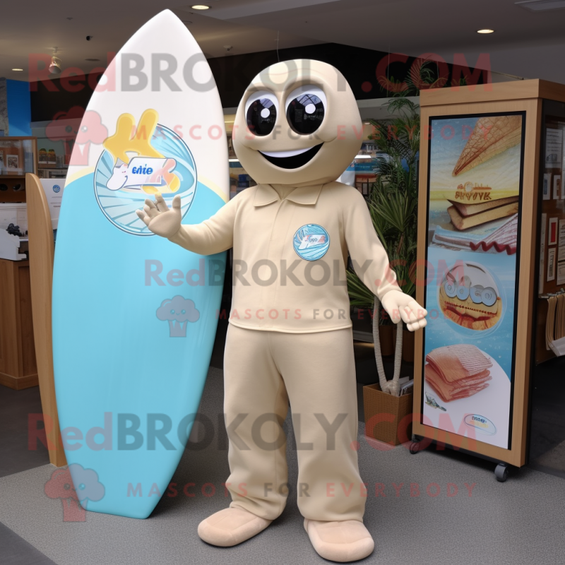 Beige Surfboard mascot costume character dressed with a Jumpsuit and Pocket squares Beige Surfboard mascot costume character dressed with a Jumpsuit and Pocket squares