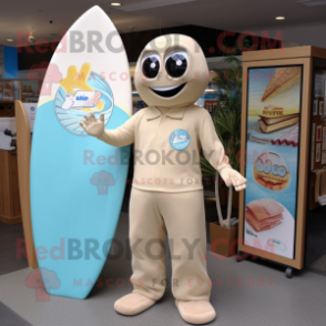 Beige Surfboard mascot costume character dressed with a Jumpsuit and Pocket squares