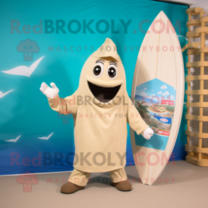 Beige Surfboard mascot costume character dressed with a Jumpsuit and Pocket squares