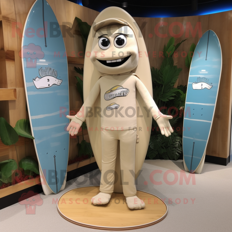 Beige Surfboard mascot costume character dressed with a Jumpsuit and Pocket squares Beige Surfboard mascot costume character dressed with a Jumpsuit and Pocket squares
