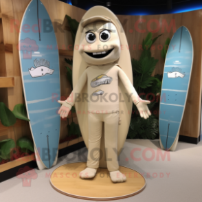 Beige Surfboard mascot costume character dressed with a Jumpsuit and Pocket squares