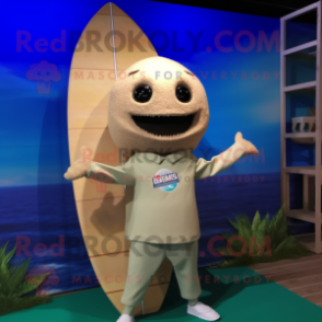 Beige Surfboard mascot costume character dressed with a Jumpsuit and Pocket squares