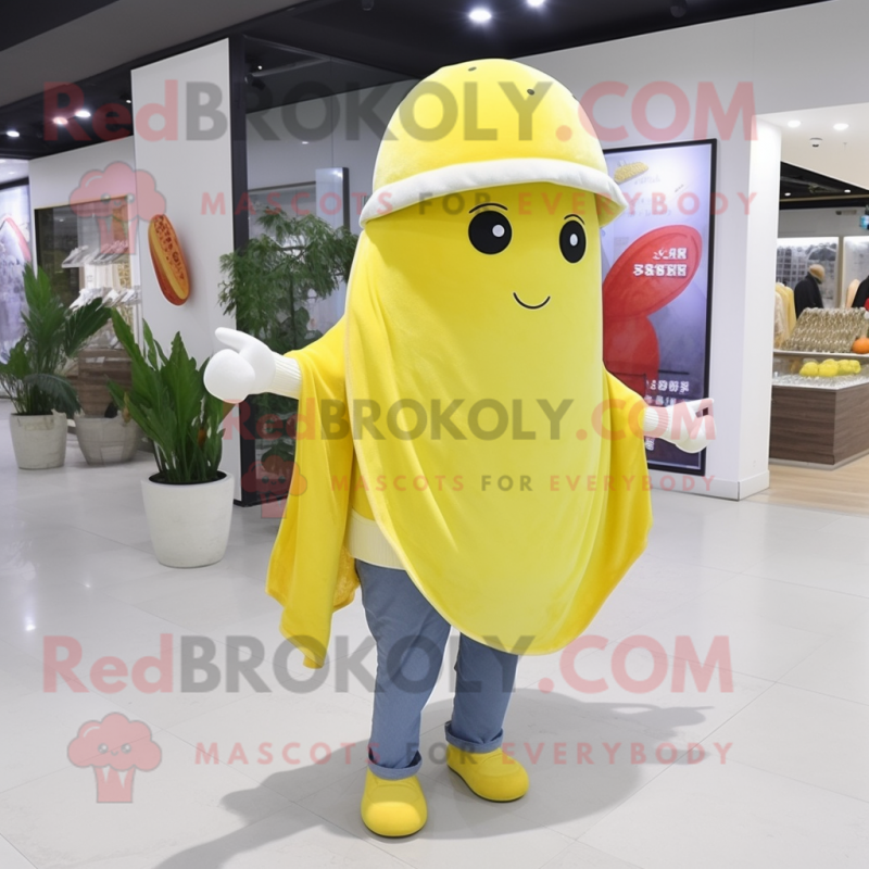 Lemon Yellow Radish mascot costume character dressed with a Flare Jeans and Shawls