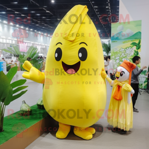 Lemon Yellow Radish mascot costume character dressed with a Flare Jeans and Shawls