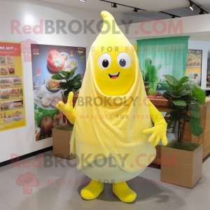 Lemon Yellow Radish mascot costume character dressed with a Flare Jeans and Shawls