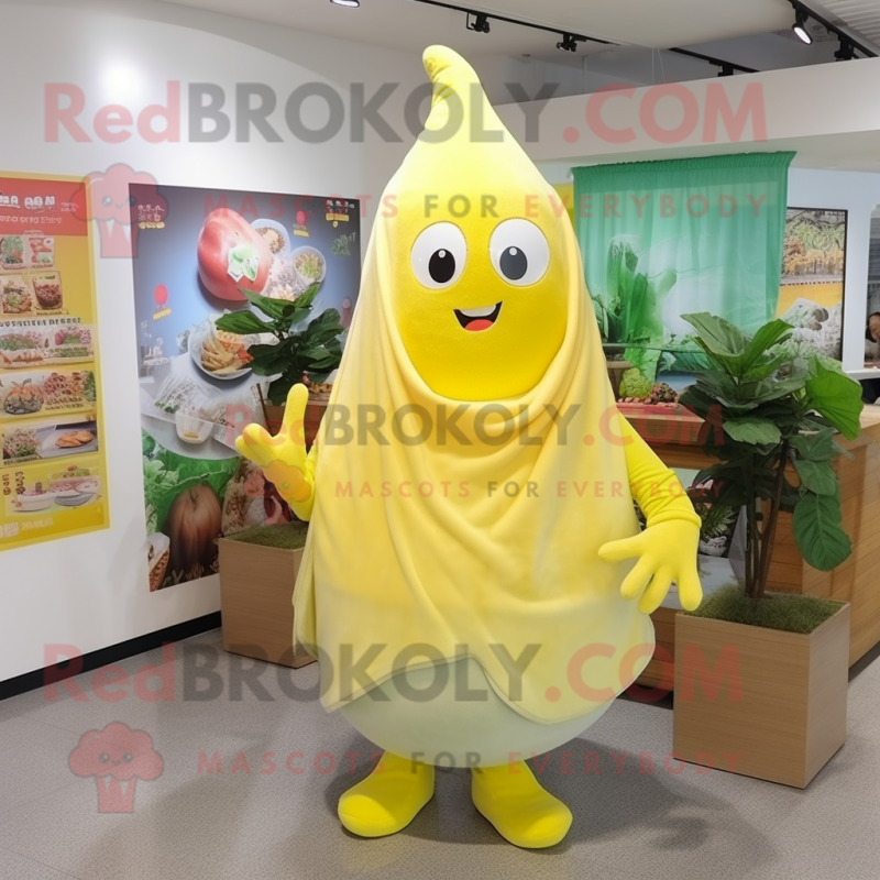 Lemon Yellow Radish mascot costume character dressed with a Flare Jeans and Shawls