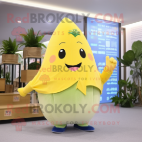 Lemon Yellow Radish mascot costume character dressed with a Flare Jeans and Shawls