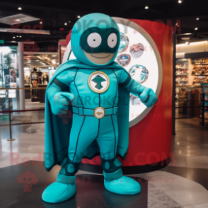 Turquoise Superhero mascot costume character dressed with a Bomber Jacket and Coin purses