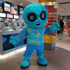 Turquoise Superhero mascot costume character dressed with a Bomber Jacket and Coin purses