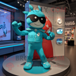 Turquoise Superhero mascot costume character dressed with a Bomber Jacket and Coin purses