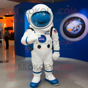 Navy Astronaut mascot costume character dressed with a Graphic Tee and Lapel pins