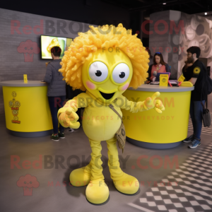 Lemon Yellow Medusa mascot costume character dressed with a Leather Jacket and Coin purses