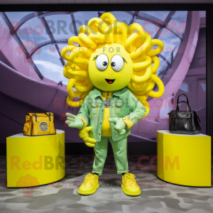 Lemon Yellow Medusa mascot costume character dressed with a Leather Jacket and Coin purses