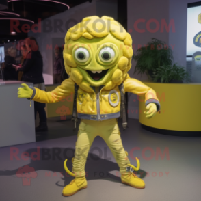 Lemon Yellow Medusa mascot costume character dressed with a Leather Jacket and Coin purses