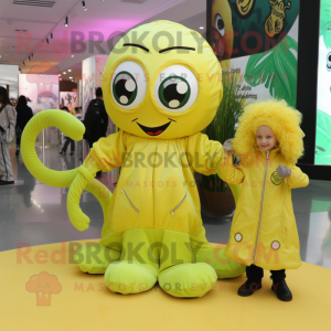 Lemon Yellow Medusa mascot costume character dressed with a Leather Jacket and Coin purses