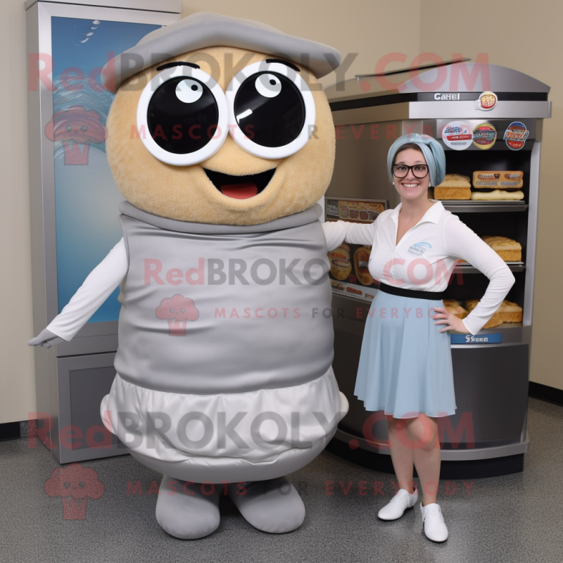 Gray Bagels mascot costume character dressed with a A-Line Skirt and Eyeglasses Gray Bagels mascot costume character dressed with a A-Line Skirt and Eyeglasses