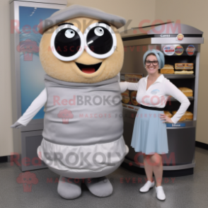 Gray Bagels mascot costume character dressed with a A-Line Skirt and Eyeglasses