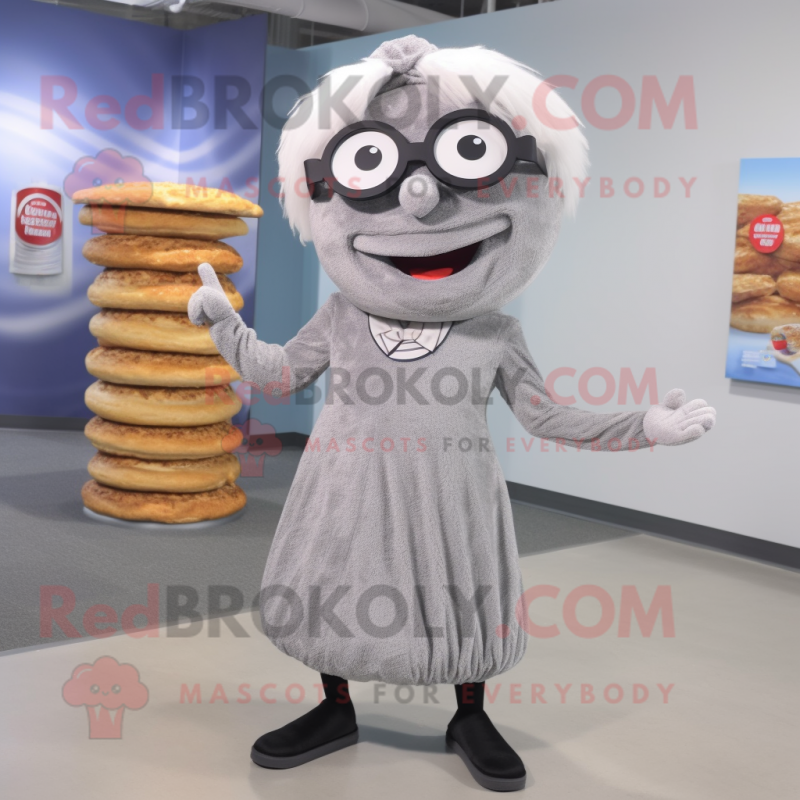 Gray Bagels mascot costume character dressed with a A-Line Skirt and Eyeglasses