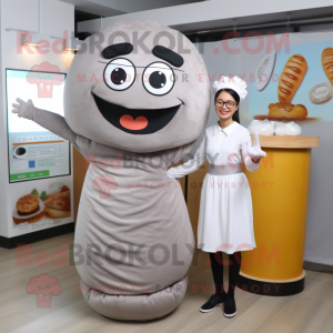 Gray Bagels mascot costume character dressed with a A-Line Skirt and Eyeglasses