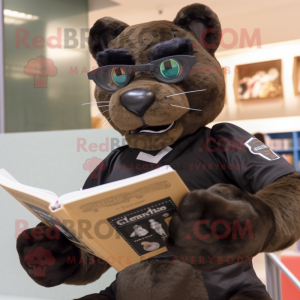 Brown Panther mascot costume character dressed with a Culottes and Reading glasses